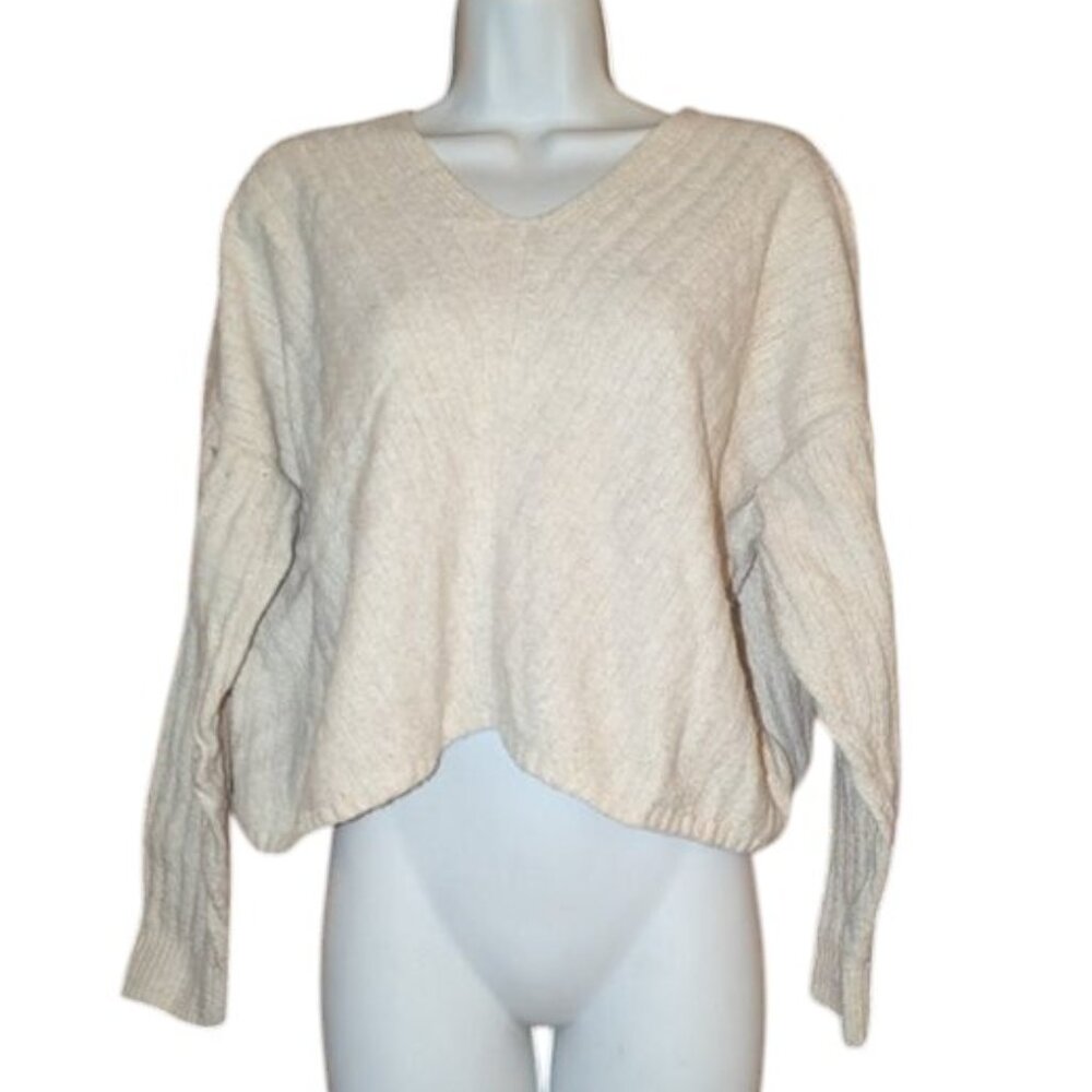*3 FOR $9* Pink Rose Oversized Ribbed Boxy V-Neck Ivory Long Sleeve Sweater Top - Picture 2 of 3